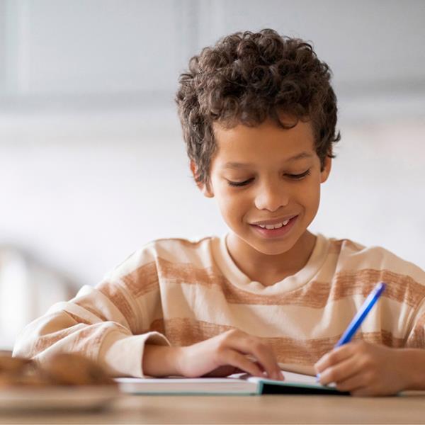 Young boy writing in a notebook.