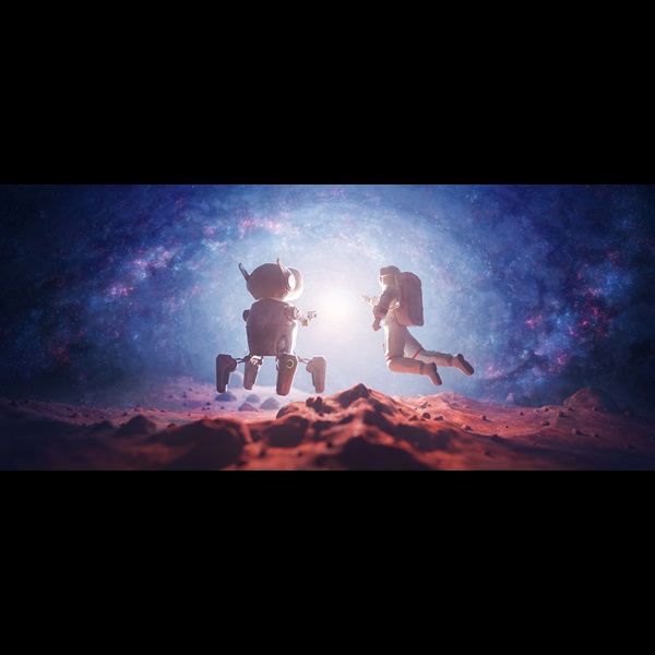 Robot and astronaut exploring an alien planet.