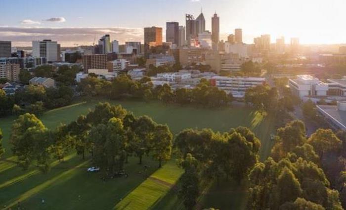 Looking at Wellington Square from above at sunset