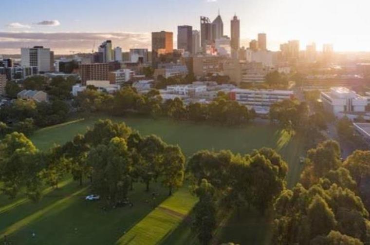 Looking at Wellington Square from above at sunset