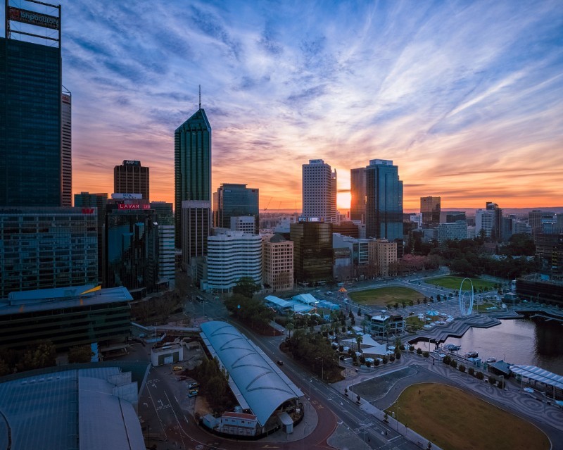 Perth city buildings facing south-west
