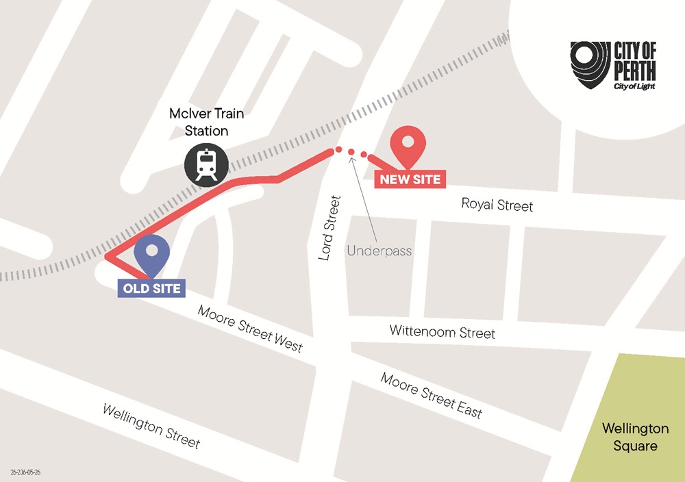 A map showing how to get from the Moore Street Accredited Services site to the new site in Royal Street East Perth