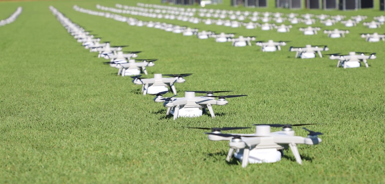 300 drones on grass 