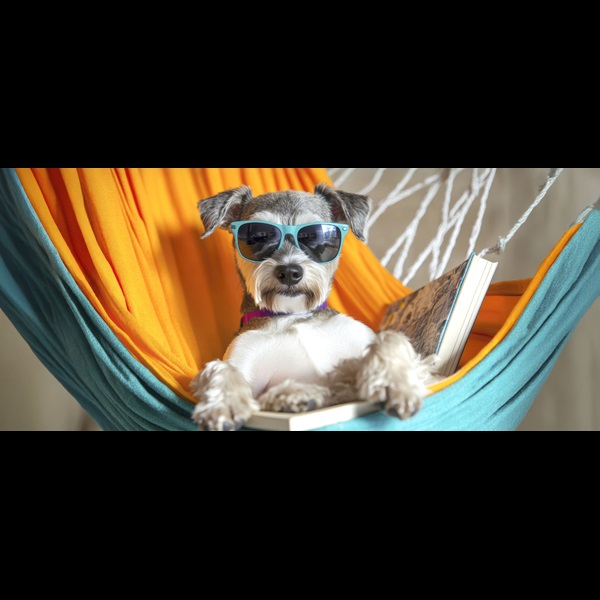 Dog wearing sunglasses, sitting in a hammock with an open book.