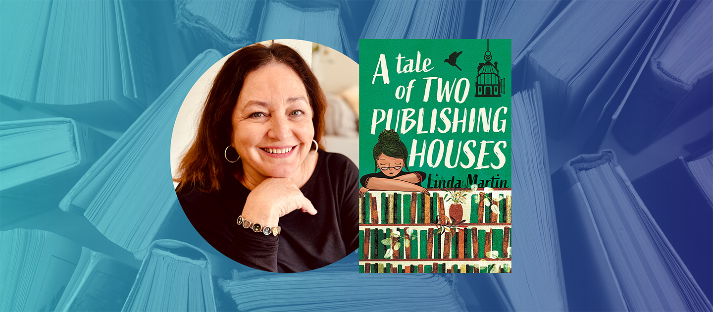 A Tale of Two Publishing Houses book cover next to a photograph of the author Linda Martin against a background of books.  