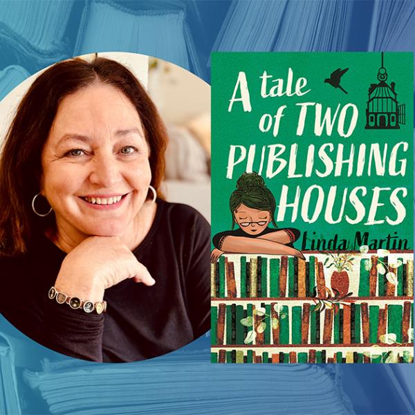 A Tale of Two Publishing Houses book cover next to a photograph of the author Linda Martin against a background of books.