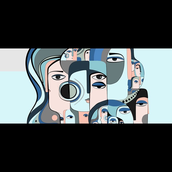 Abstract image of faces and eyes in blue, pink and grey.