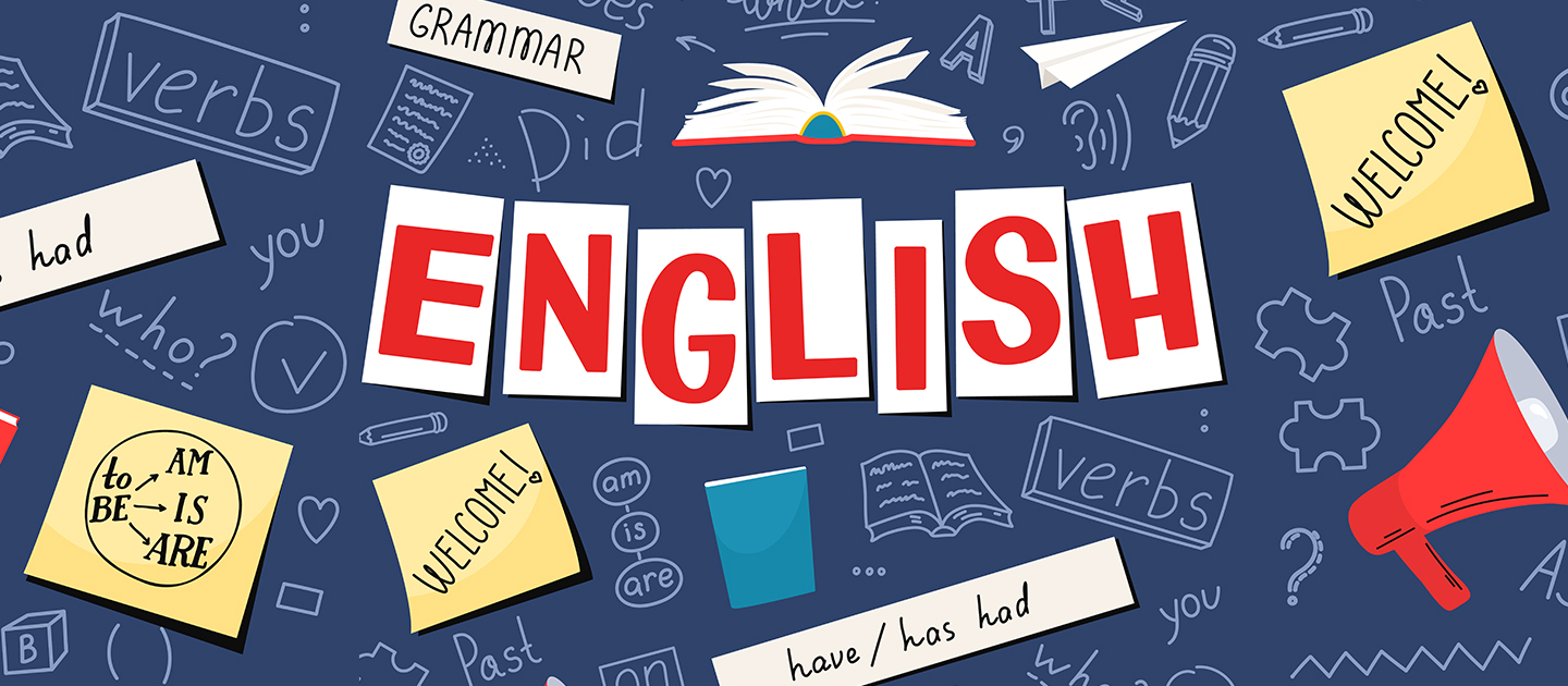 Graphic illustration of the word English on a blackboard with post it notes and books. 