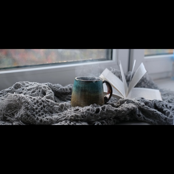 Steaming hot drink and book, resting on a grey blanket by a window with winter weather outside.