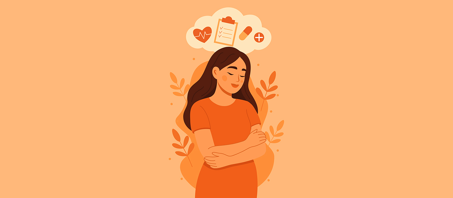 Orange toned illustration of a woman hugging herself, with medical iconography in a cloud above her head.
