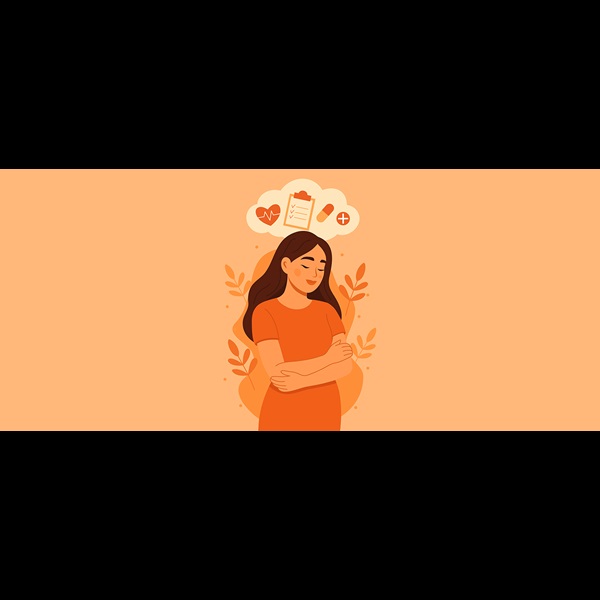 Orange toned illustration of a woman hugging herself, with medical iconography in a cloud above her head.
