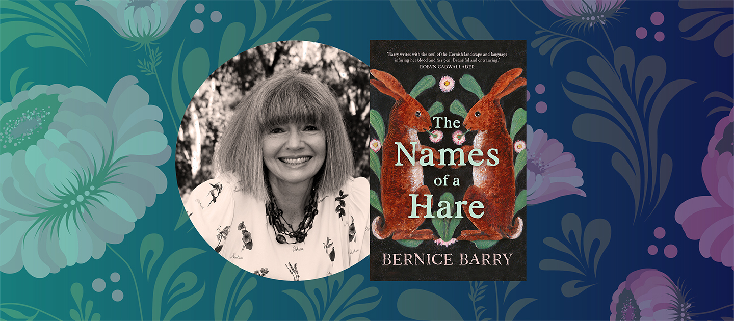 Black and white photo of author Bernice Barry and book cover of her book, The Names of a Hare, against floral background. 