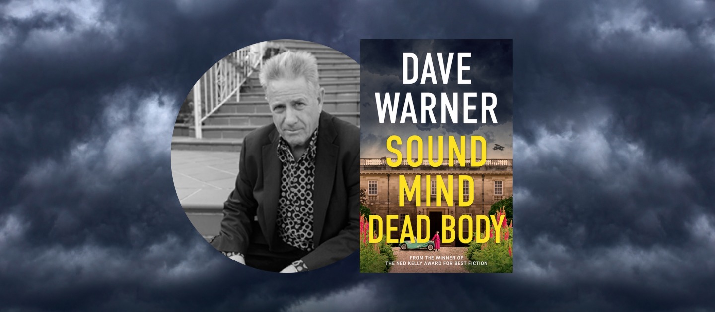 Cover of Dave Warner's Sound Mind Dead Body with a black and white photo of the author against a storm cloud background. 