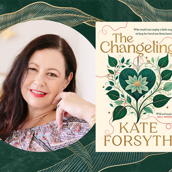 Photo of author Kate Forsyth next to the cover of her latest book, The Changeling, against a green background with gold leaves.