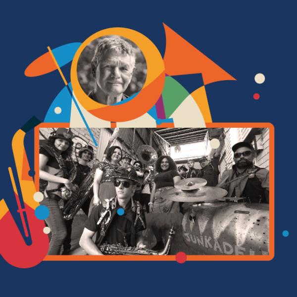 Photo of Dr Richard Walley and the Junkadelic band in colourful, abstract musical instruments shapes.