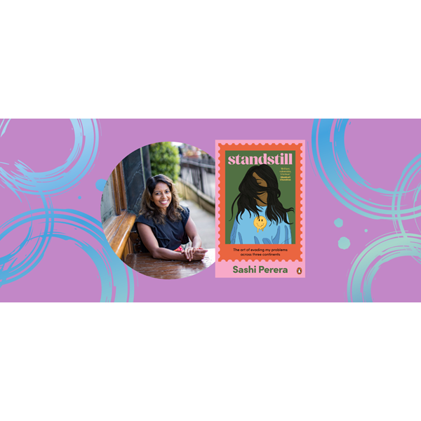 Book cover of 'Standstill' by Sashi Perera with author photograph against purple background with painted blue circles.