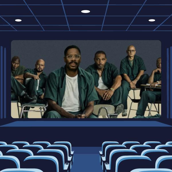 Still image from film Sing Sing on the screen in a graphic illustration of a cinema in red and blue.