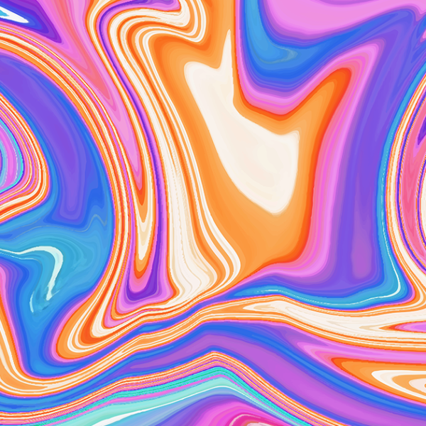 Colourful liquid marbling pattern in blues, pinks oranges and cream.
