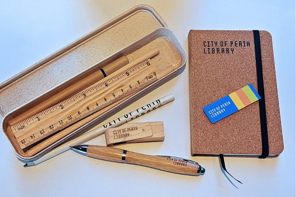 A City of Perth Library branded stationery set