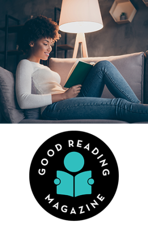 Young lady relaxing and reading a book with Good Reading Magazine logo underneath.