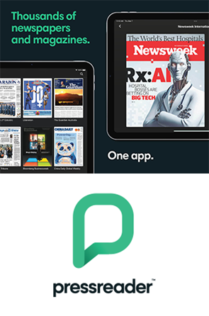 Devices showing PressReader, PressReader logo beneath.