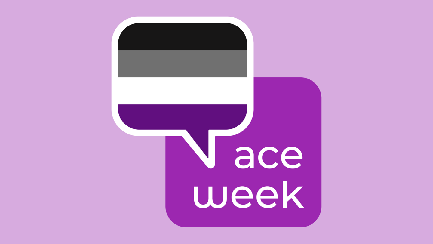Lilac banner with 'Ace Week' and a speech bubble with the colours of the asexual flag (black, gray, white, purple)