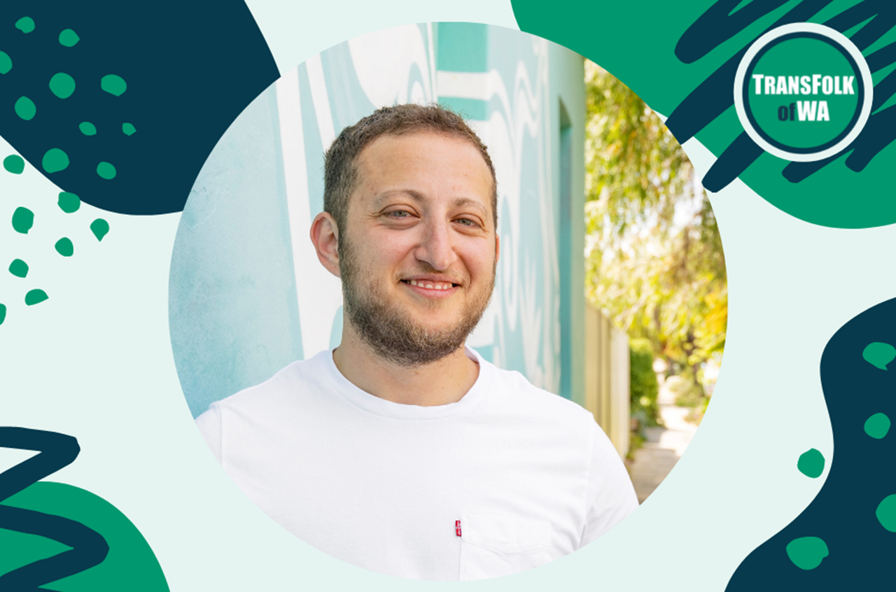 Man's face in the middle of a circle surrounded by green graphics. Caption says 'Hunter Gurevich: Chairperson 2020-2022' and a logo of TransFolk of WA