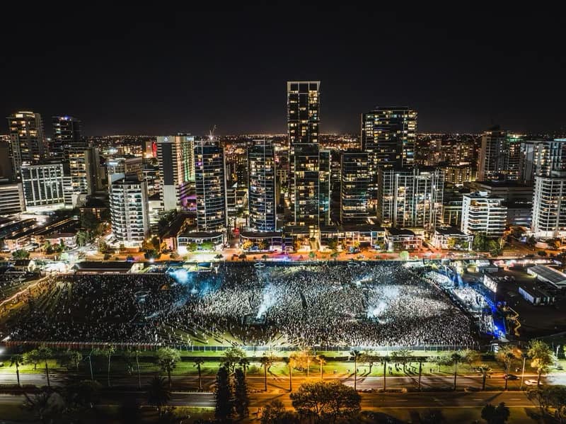 Aerial view of Fred Again event at Langley Park
