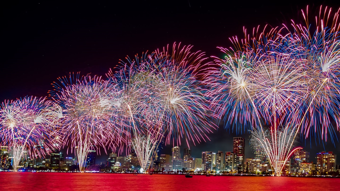 Australia Day fireworks in front of the Perth city skyline