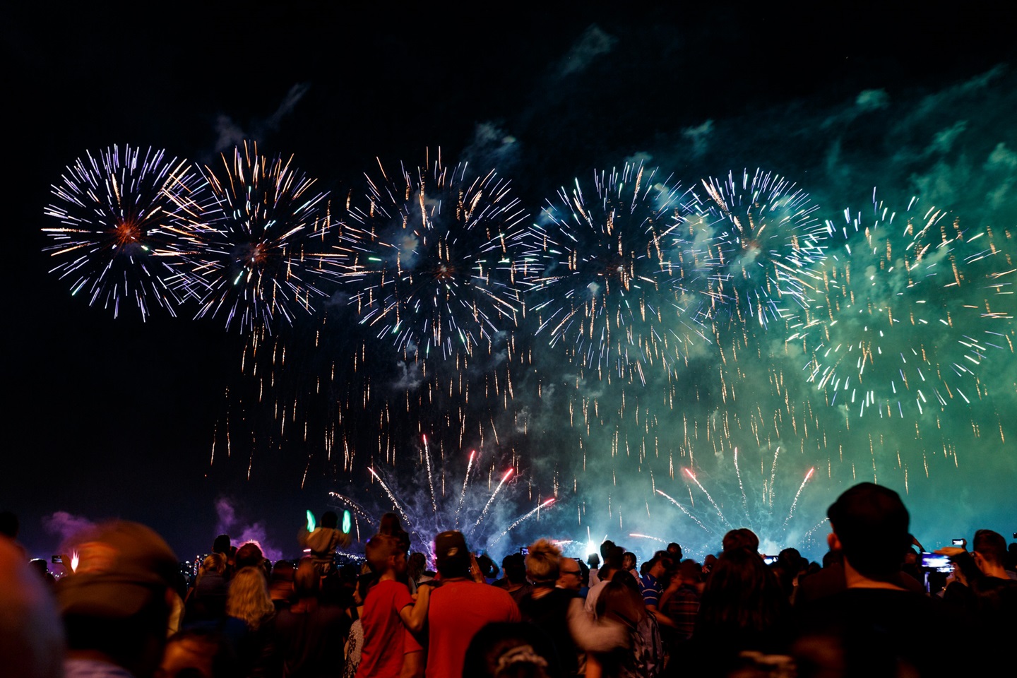 Crowds watching fireworks at night during the City of Perth Australia Day Skyworks 2019.