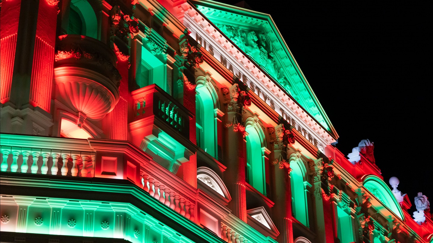 His Majesty's Theatre lit in Christmas colours