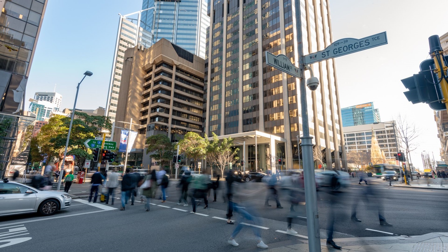 Pedestrians crossing at St Georges Terrace and William Street