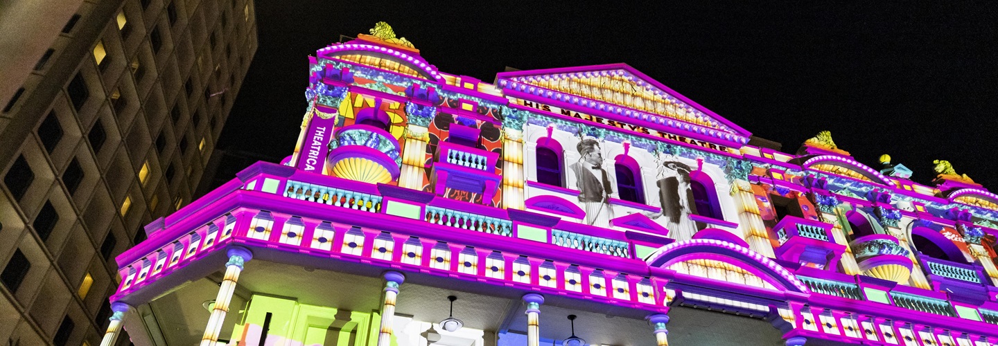 His Majesty's Theatre lit with projections for Boorloo Heritage Festival 2024