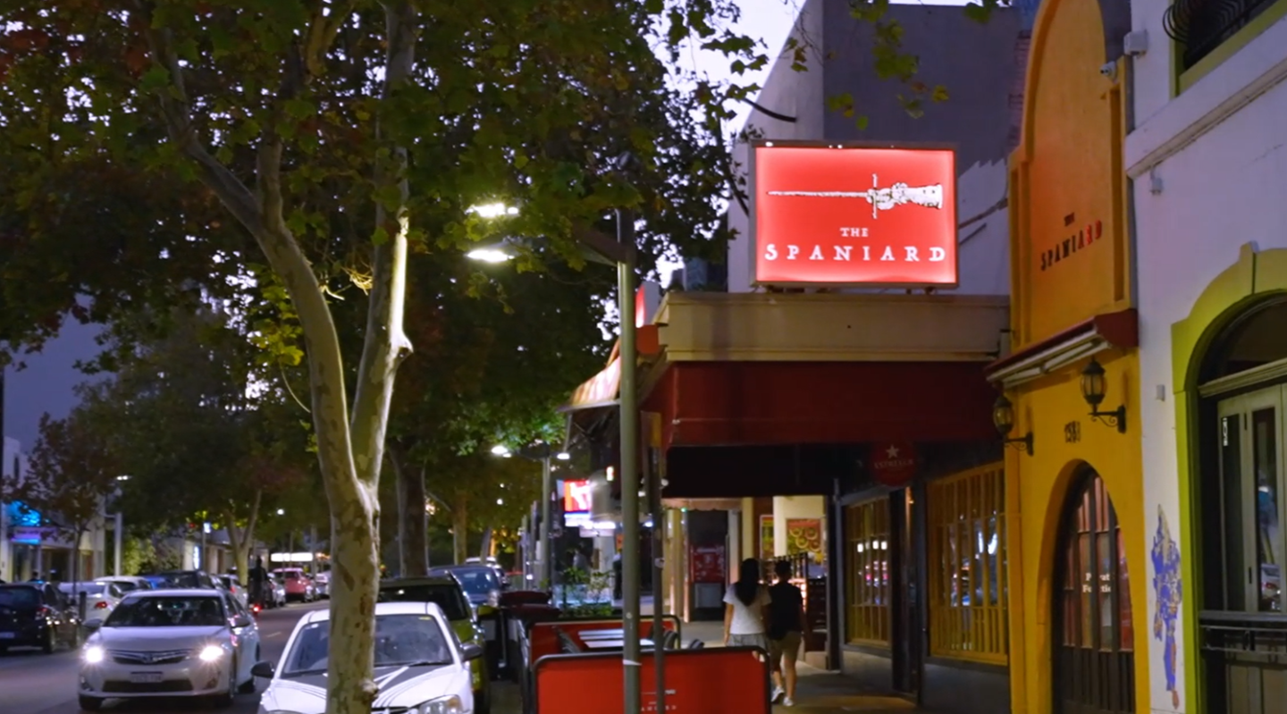 Night time shot of the Spaniard restaurant in Northbridge