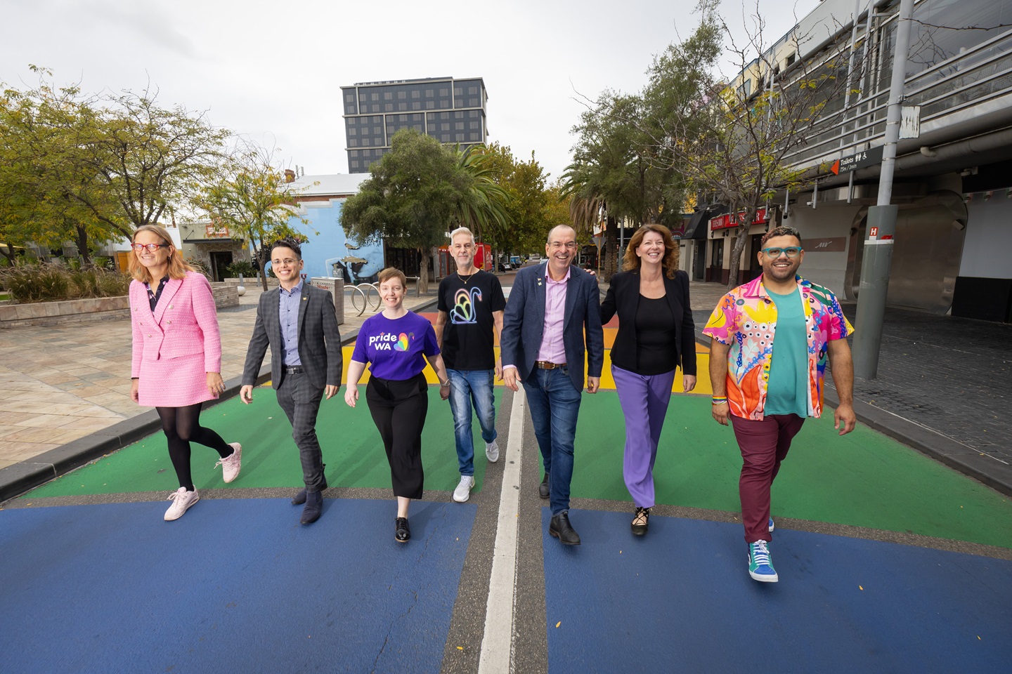 Rainbow Supergraphic painted on James and Lake Streets Northbridge