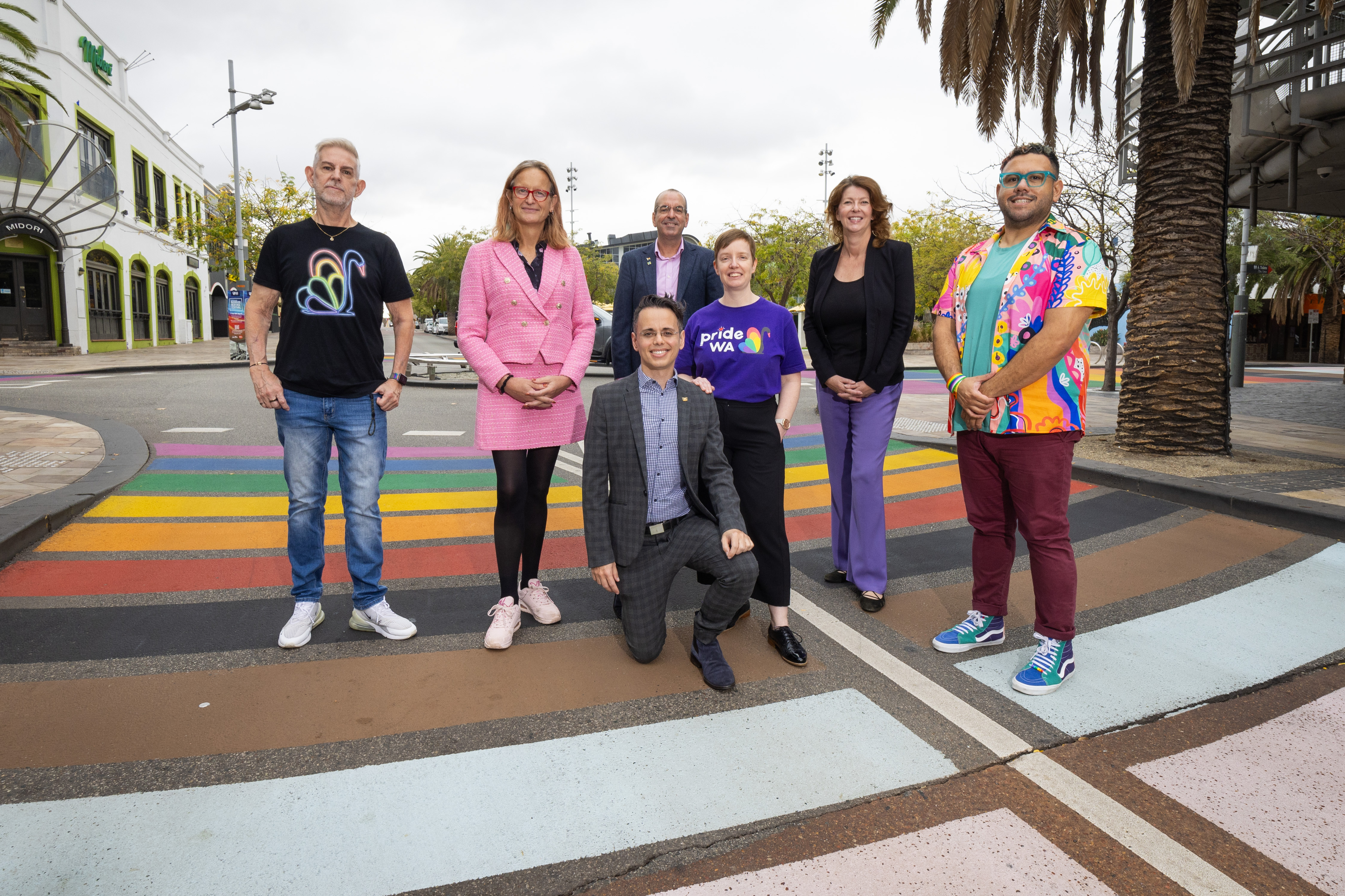 Rainbow Supergraphic painted on James and Lake Streets Northbridge