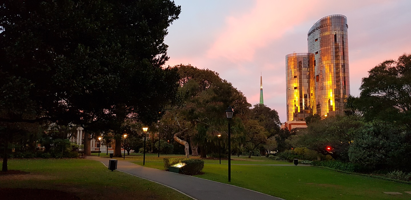 Stirling Gardens at sunrise with the Ritz Carlton Hotels in the background