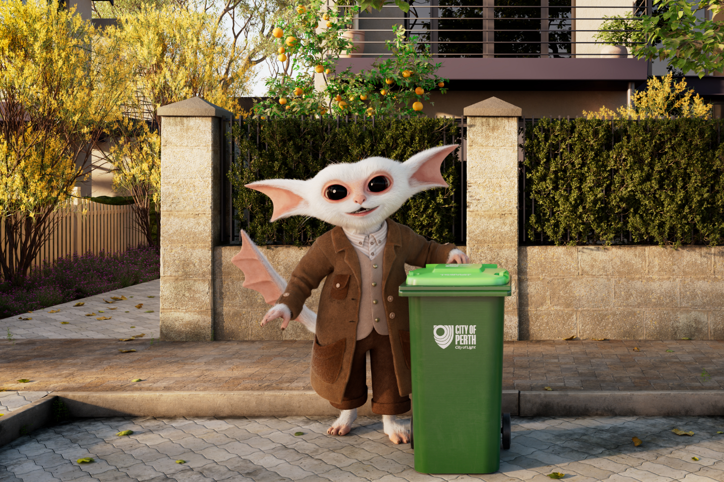 FOGO creature with bin on curb