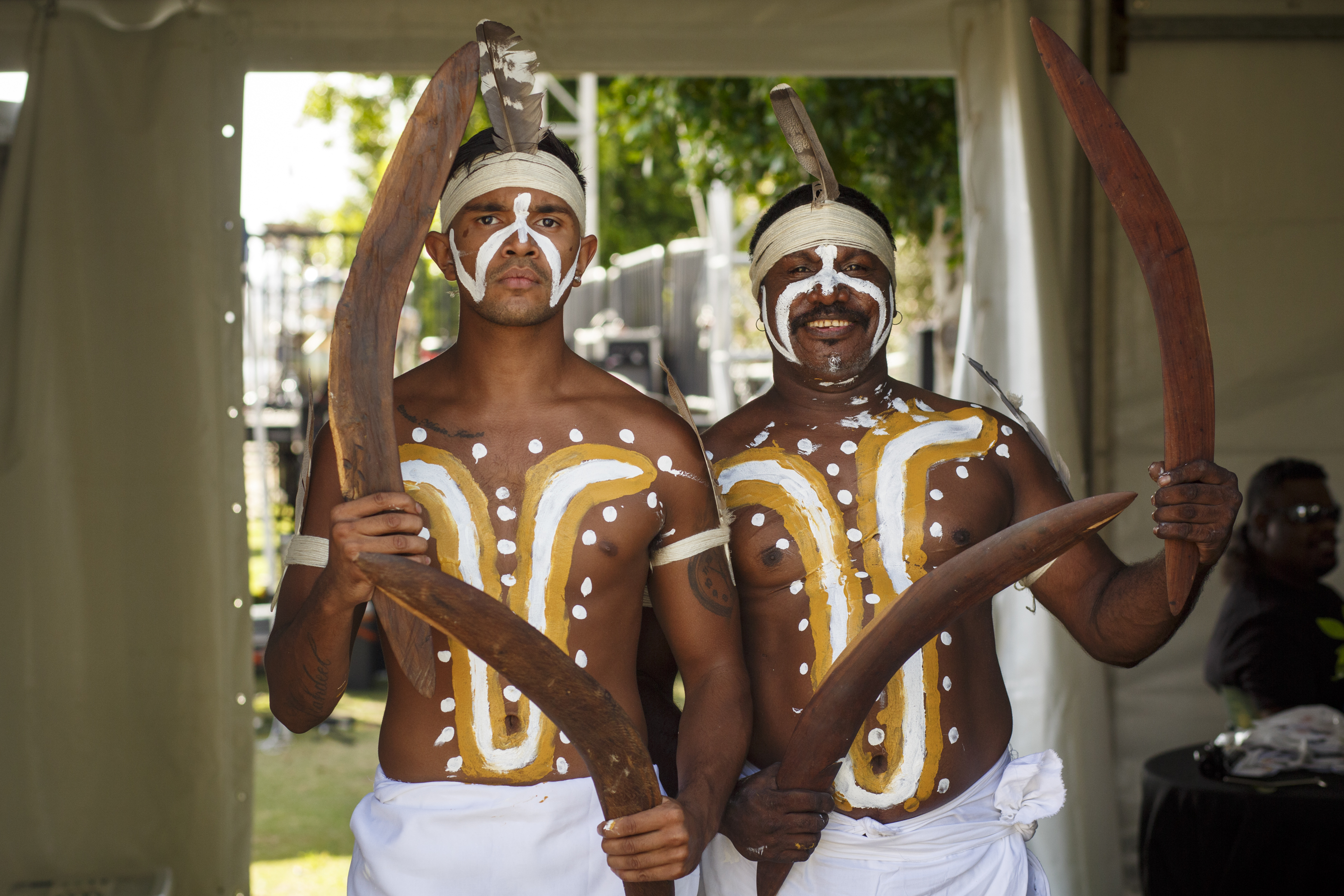 Aboriginal men with boomerangs
