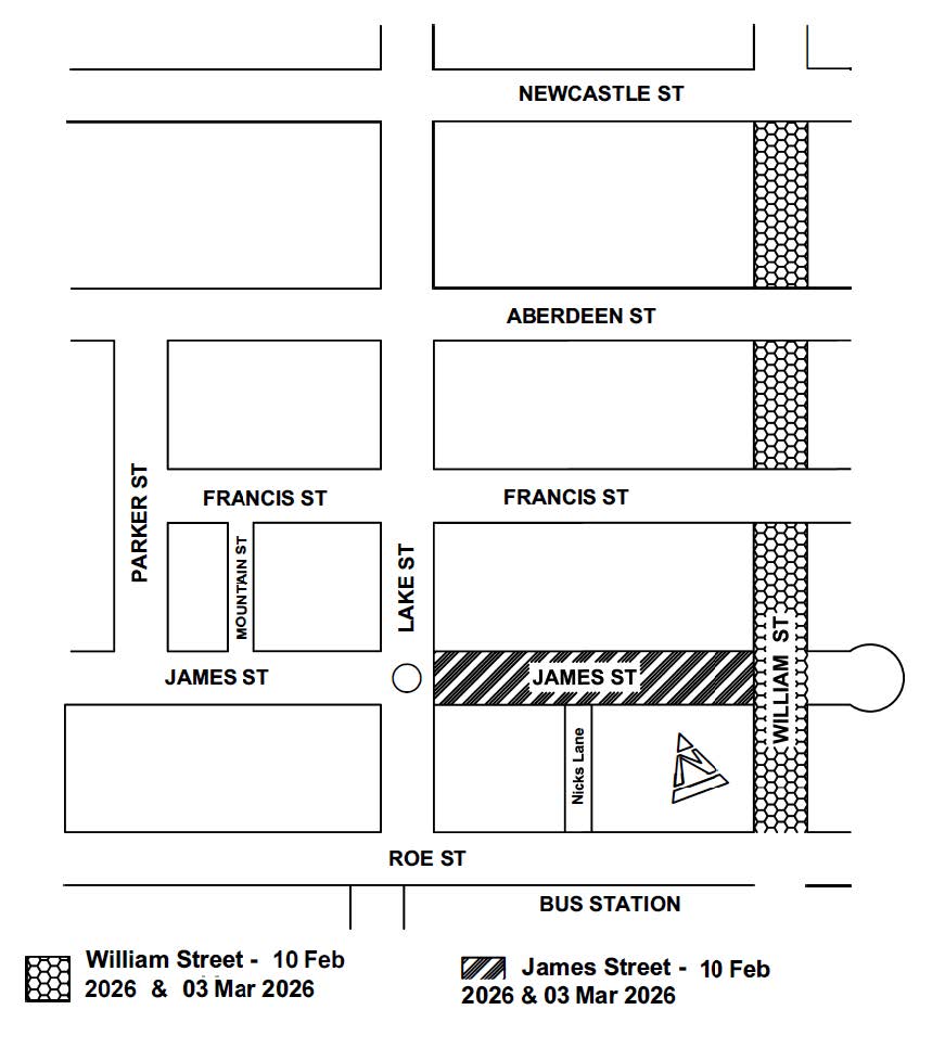 Road Closure - James Street and William Street Northbridge - 10 February and 3 March 2026