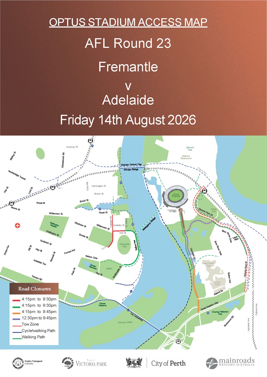 Road Closure - Optus Stadium Event - Fremantle v Adelaide - 14 August 2026