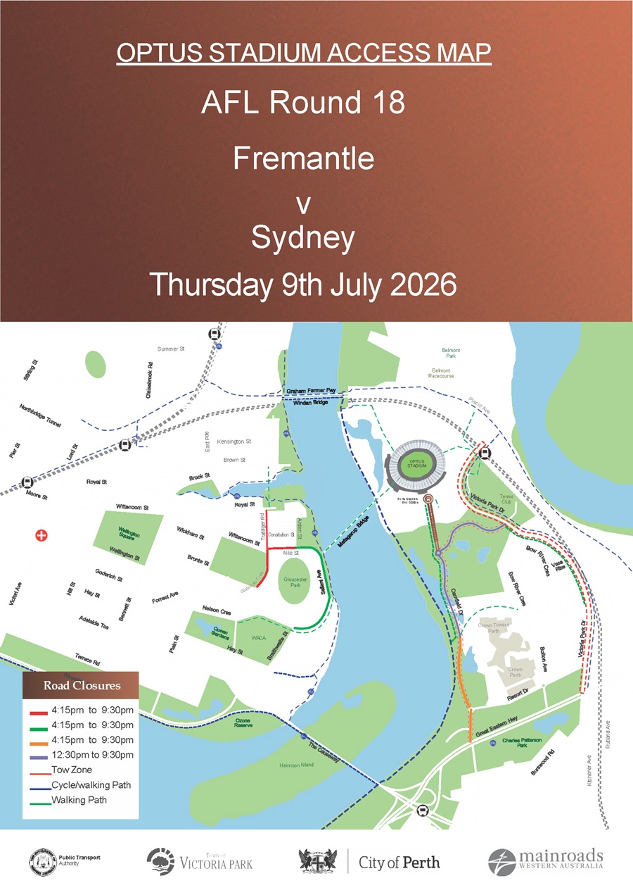 Road Closure - Optus Stadium Event - Fremantle v Sydney - 9 July 2026