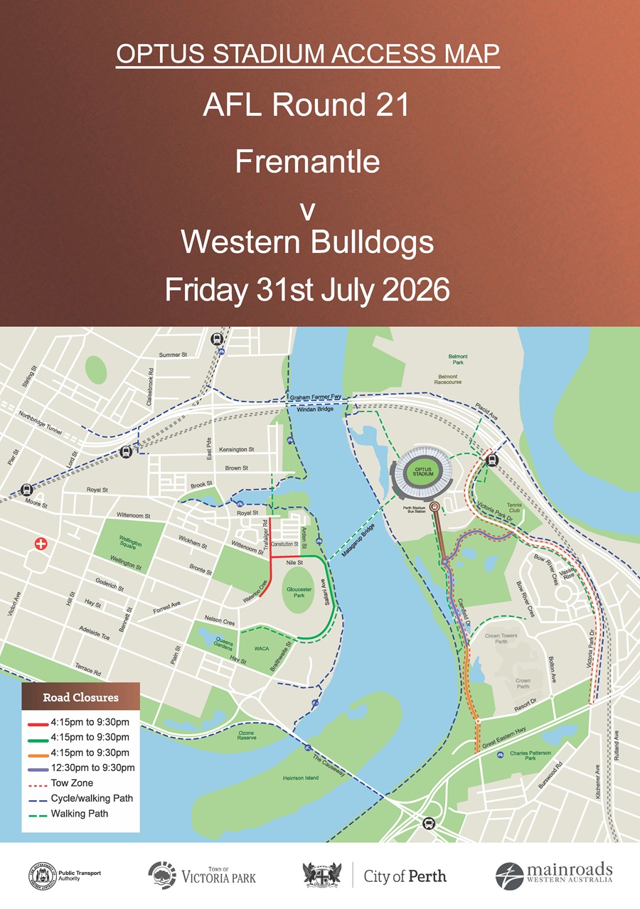 Road Closure - Optus Stadium Event - Fremantle v Western Bulldogs - 31 July 2026
