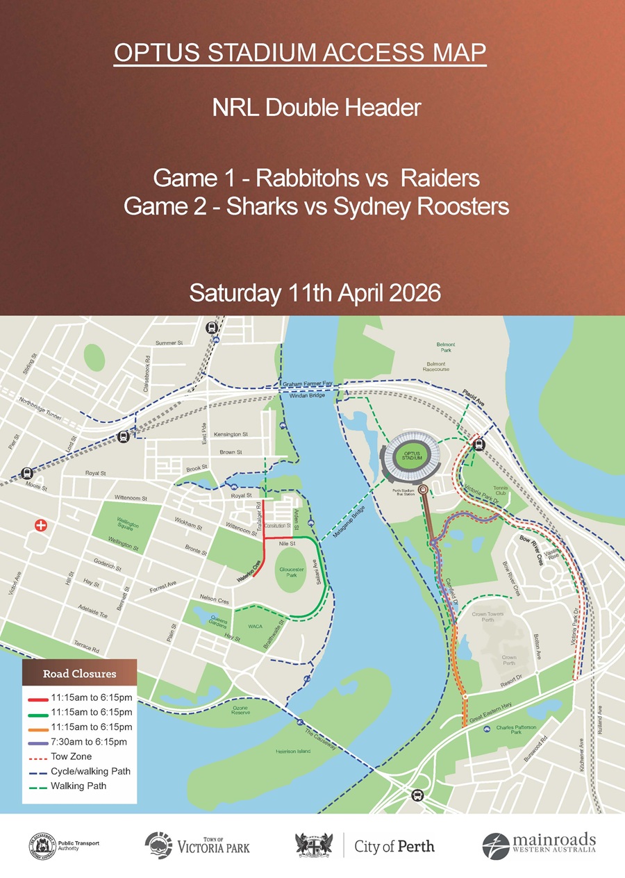 Road Closure - Optus Stadium Event - NRL Double Header - 11 April 2026