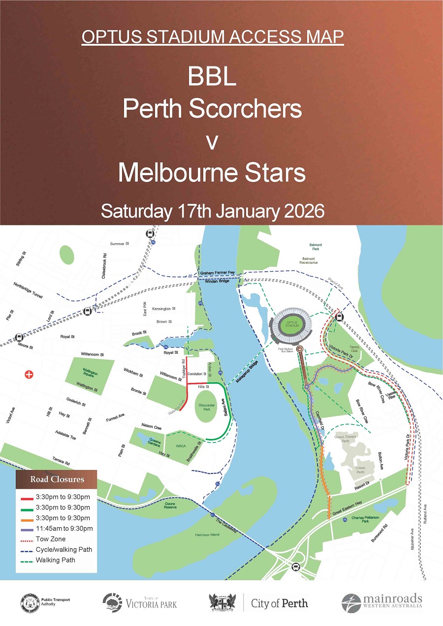 Road Closure - Optus Stadium Event - Perth Scorchers vs Melbourne Stars - 17 January 2026