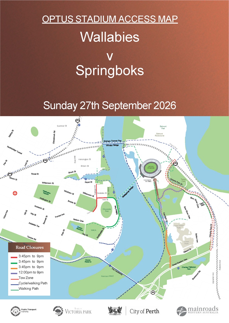 Road Closure - Optus Stadium Event - Wallabies vs Springboks - 27 September 2026