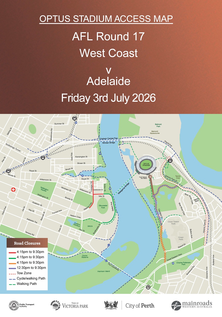 Road Closure - Optus Stadium Event - West Coast v Adelaide - 3 July 2026