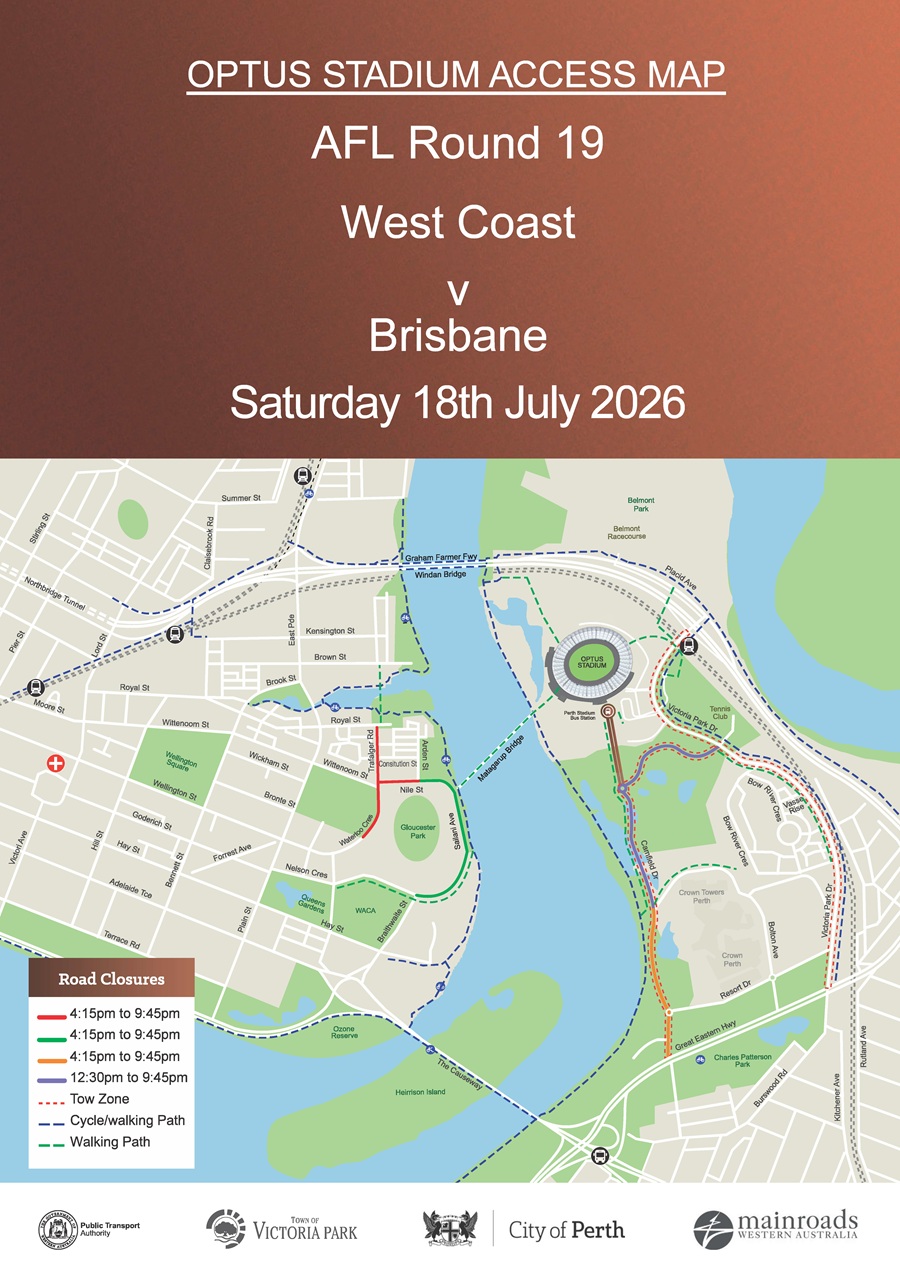 Road Closure - Optus Stadium Event - West Coast v Brisbane - 18 July 2026