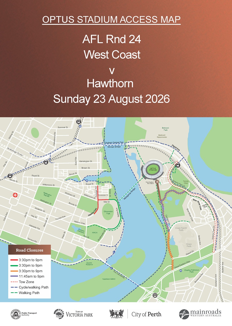Road Closure - Optus Stadium Event - West Coast v Hawthorn - 23 August 2026